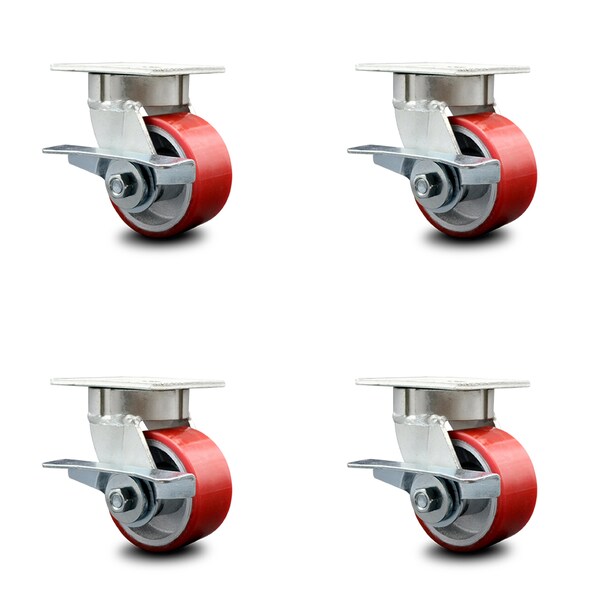 4 Inch Kingpinless Red Poly on Steel Wheel Swivel Caster Set with Brakes SCC